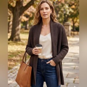 Chicos Dark Brown Ribbed Open Front Cotton Cashmere Sleeveless Cardigan 3 (US L)